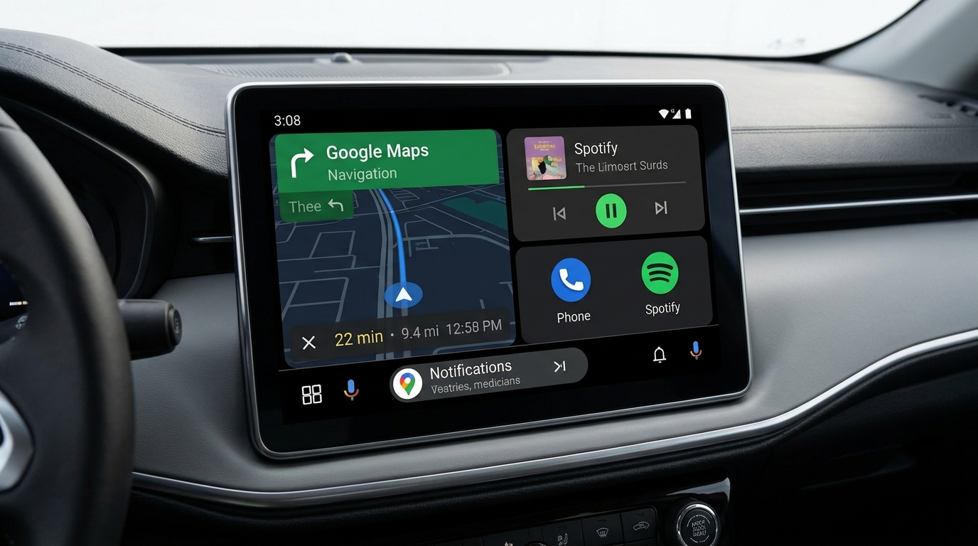 Araç multimedya ekranında Android Auto uygulama simgeleri ve sade sürüş arayüzü