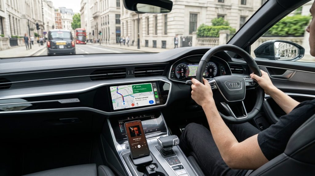 Araç konsolunda kablosuz Android Auto kullanımı için küçük beyaz adaptör ve açık multimedya ekranı