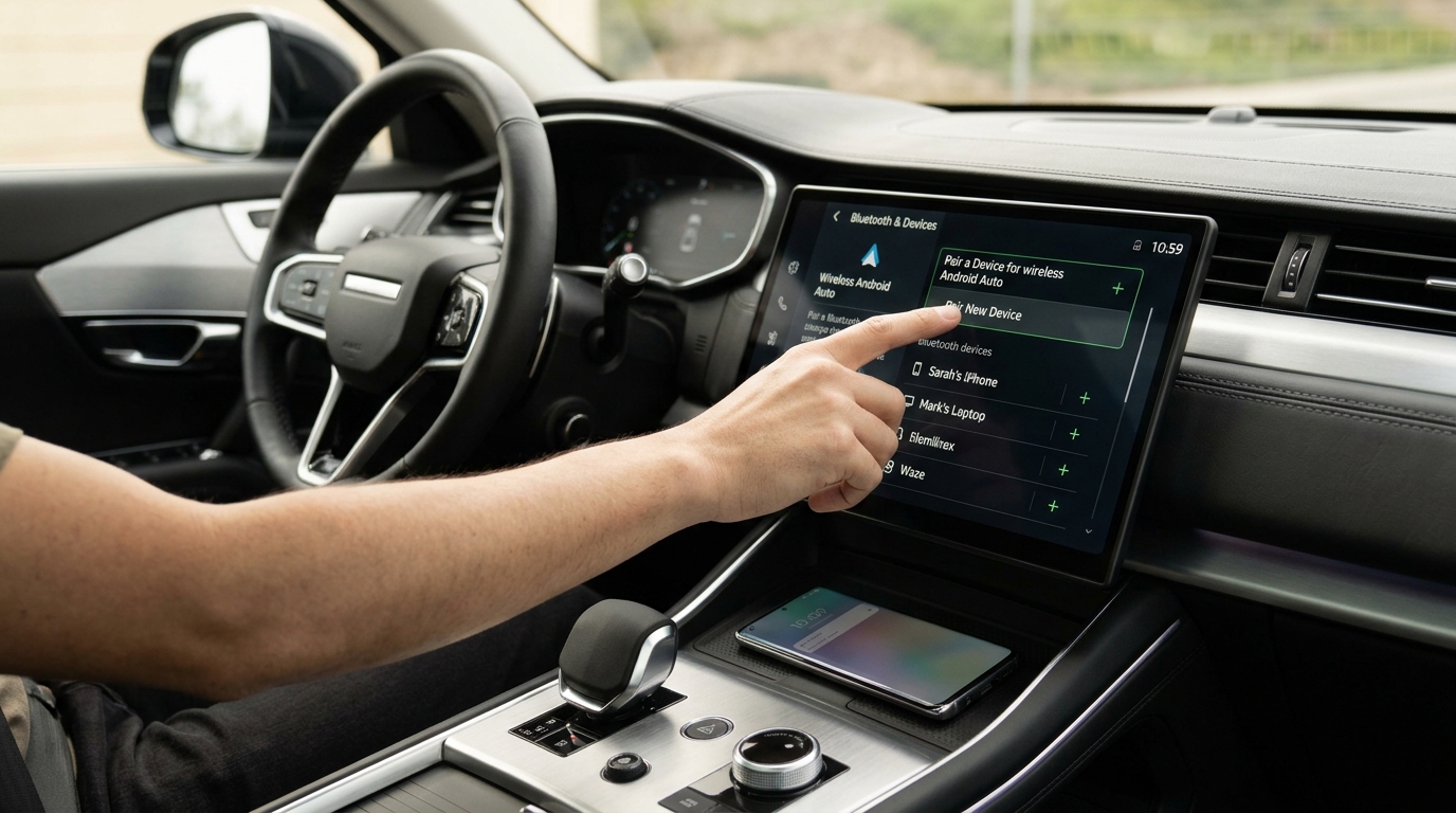 Aracın multimedya ekranında telefon eşleştirme ve Android Auto bağlantı ekranı