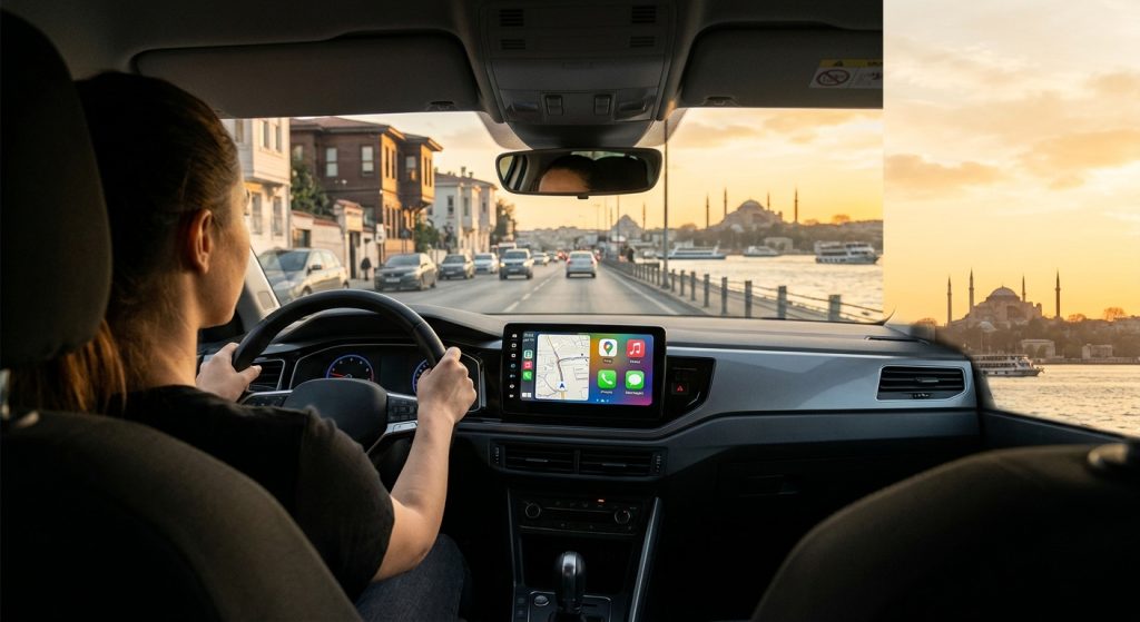 Açık renk iç mekanlı bir araçta CarPlay uygulama simgelerini gösteren multimedya ekranı