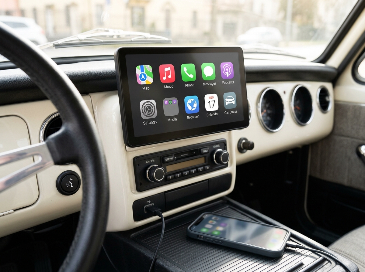 Araç multimedya ekranında CarPlay uygulama simgeleri, konsolda iPhone bağlantısı