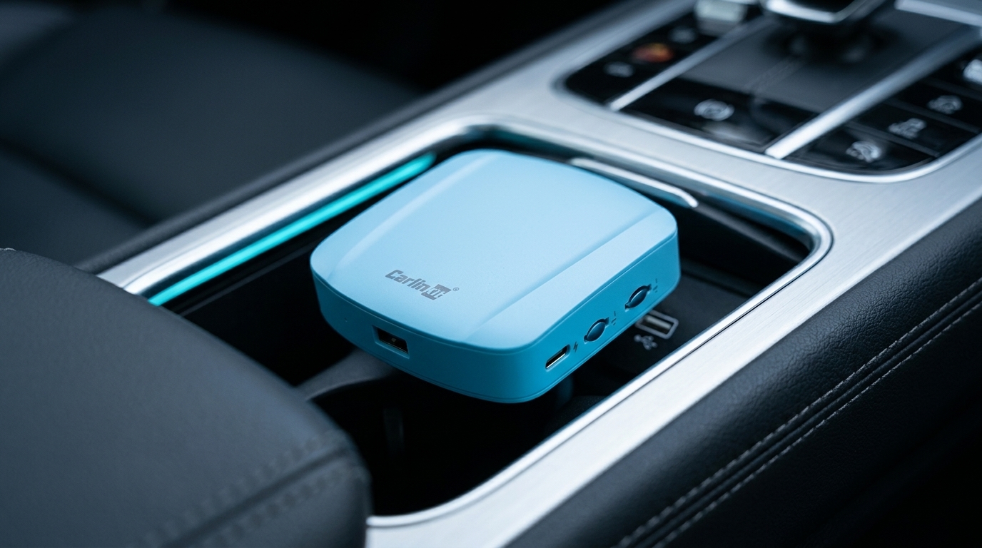 Araç konsolunda USB girişine takılı küçük kablosuz Android Auto adaptörü