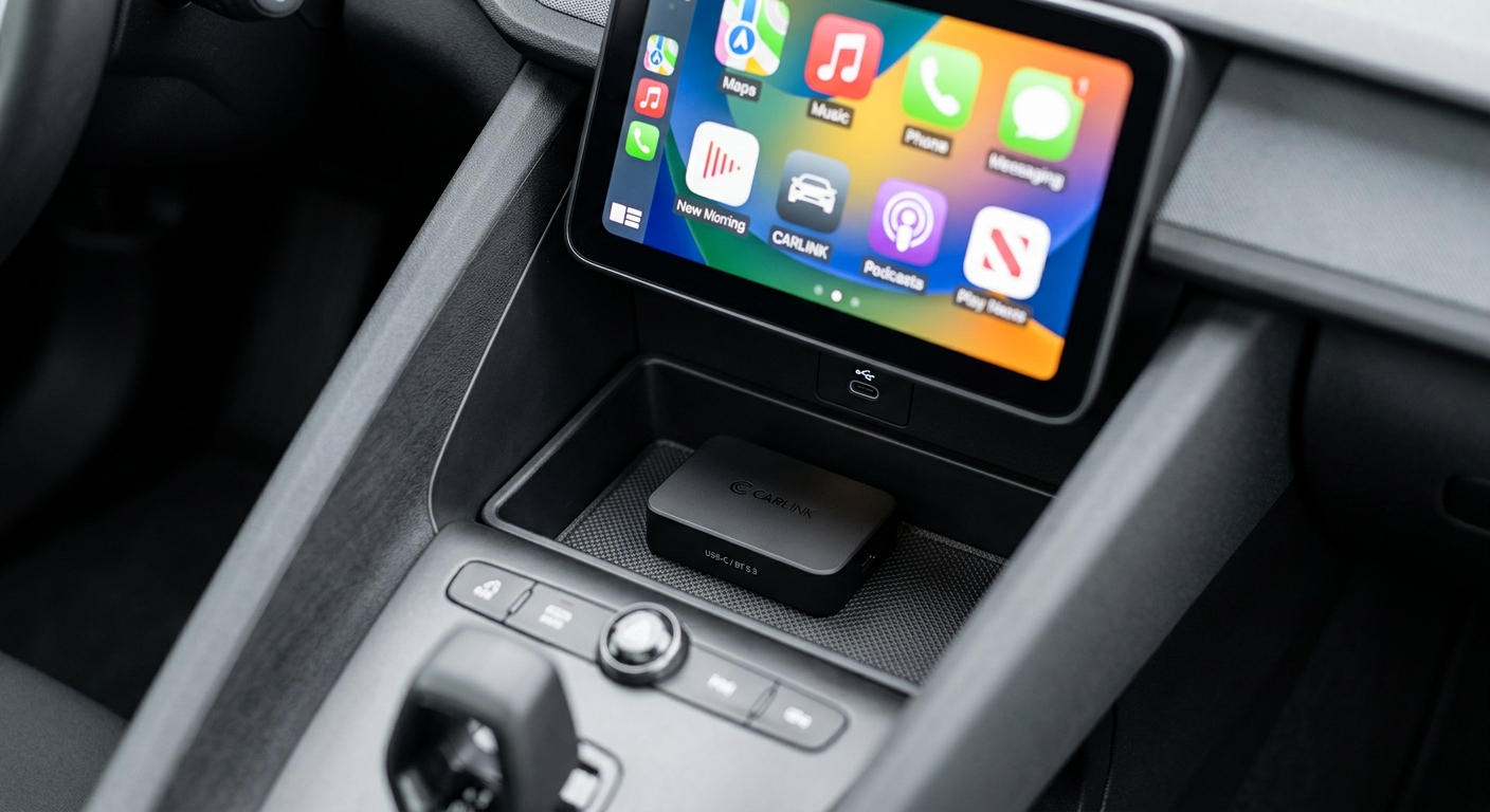 Konsolda küçük bir kablosuz CarPlay adaptörü ve ekrana uzanan ince kablo